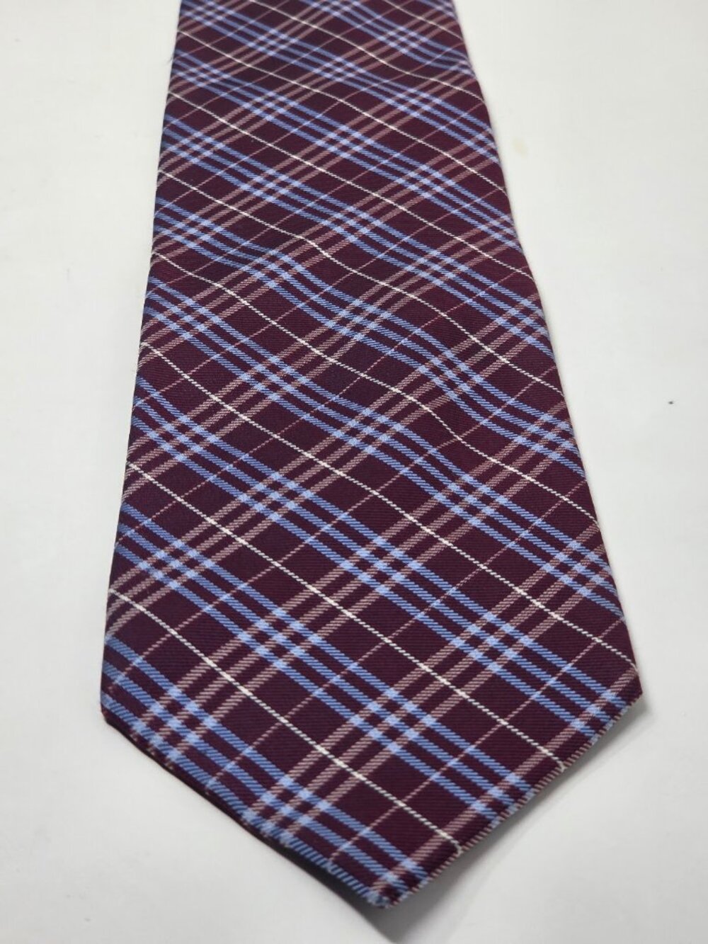 Joseph And Lyman Mens 100% Silk Tie 58 Inch Burgundy Blue Plaid Pattern